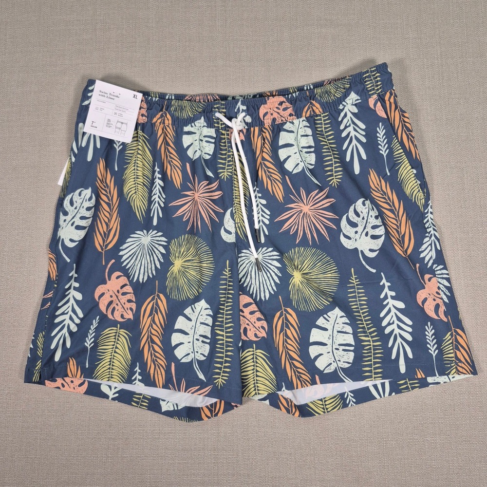 Goodfellow & Co Mens XL Swim Trunks Blue Tropical Leaf Print 7 Inch Inseam NWT